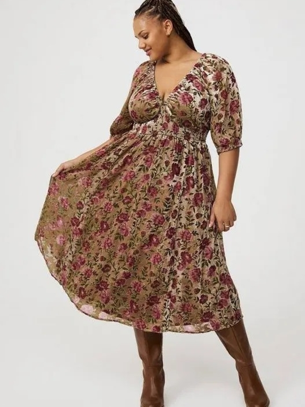torrid Olive Floral Midi Dress with Rose Print
